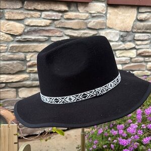 Black Wide-Brim Hat with Patterned Band